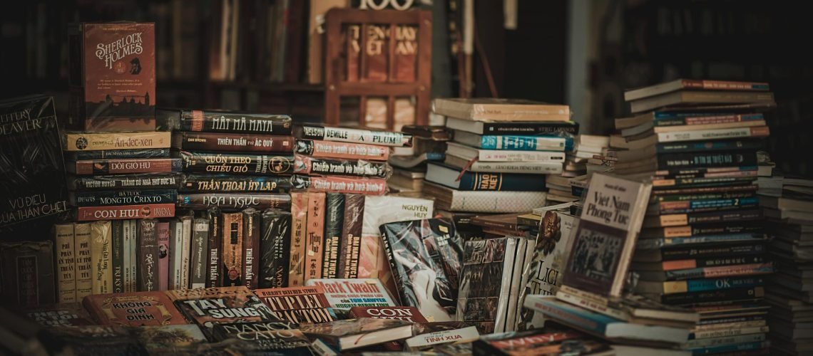 A cozy indoor bookstore with stacked bookshelves filled with novels and literature.